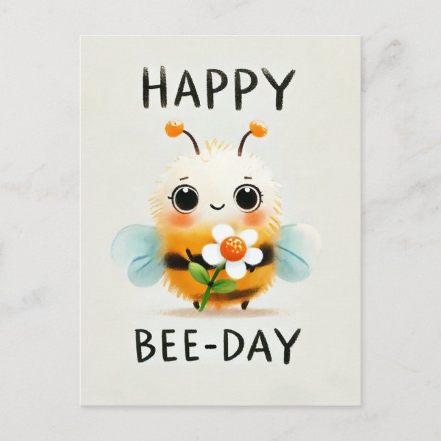 Happy Bee-Day Card - Cute Bee with Flower (Front)