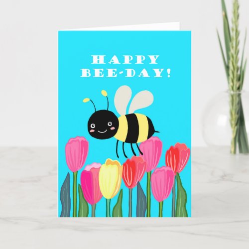 Happy Bee Day Cute funny honey bee tulips floral Thank You Card