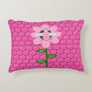 Happy Bee Day Girl Pink Birthday Bumblebee Accent Pillow