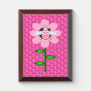 Happy Bee Day Girl Pink Birthday Bumblebee Award Plaque