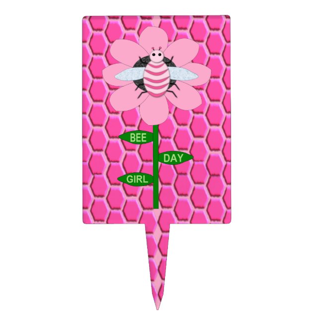 Happy Bee Day Girl Pink Birthday Bumblebee Cake Topper (Front)