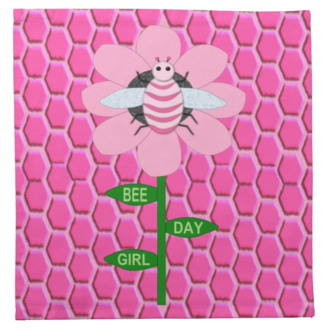 Happy Bee Day Girl Pink Birthday Bumblebee Cloth Napkin (Front)