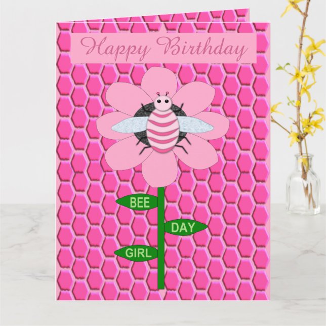 Happy Bee Day Girl Pink Birthday Bumblebee Custom Card (Yellow Flower)