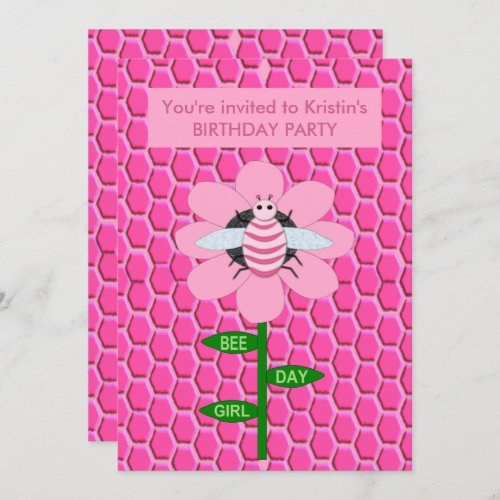 Happy Bee Day Girl Pink Birthday Bumblebee Custom Invitation