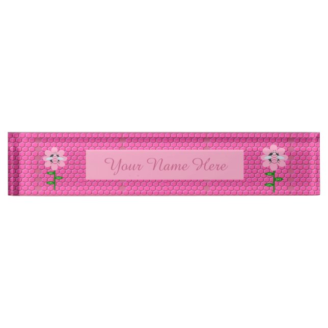 Happy Bee Day Girl Pink Birthday Bumblebee Desk Name Plate (Front)