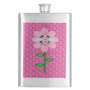 Happy Bee Day Girl Pink Birthday Bumblebee Flask