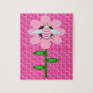 Happy Bee Day Girl Pink Birthday Bumblebee Jigsaw Puzzle
