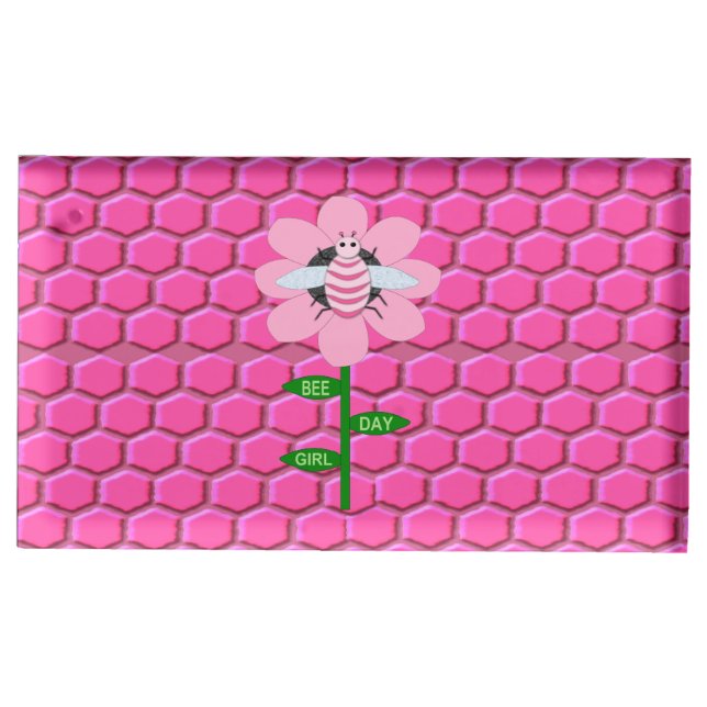 Happy Bee Day Girl Pink Birthday Bumblebee Place Card Holder (Front)