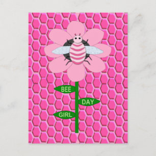 Happy Bee Day Girl Pink Birthday Bumblebee Postcard