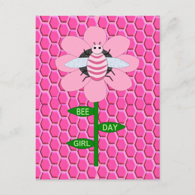 Happy Bee Day Girl Pink Birthday Bumblebee Postcard (Front)
