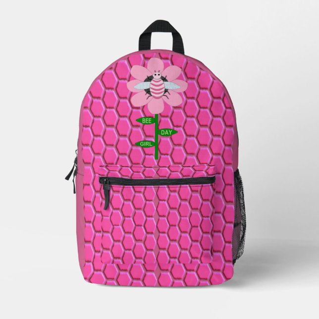 Happy Bee Day Girl Pink Birthday Bumblebee Printed Backpack (Front)