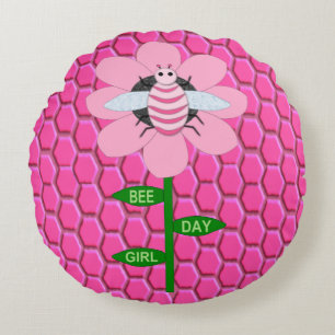 Happy Bee Day Girl Pink Birthday Bumblebee Round Pillow
