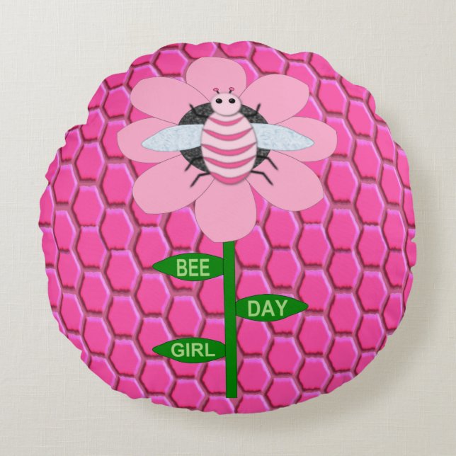 Happy Bee Day Girl Pink Birthday Bumblebee Round Pillow (Front)