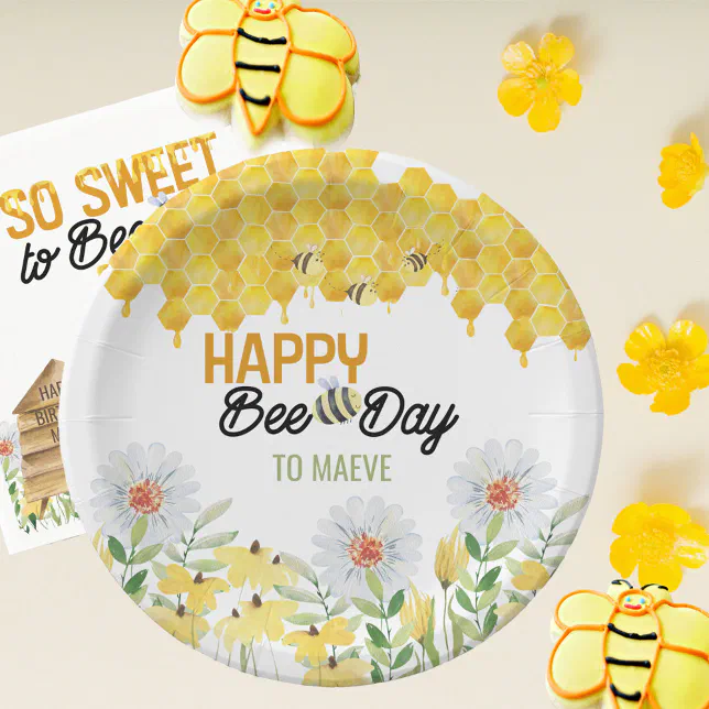 Happy Bee Day to .. Kids Bee Themed Birthday Party Paper Plates | Zazzle