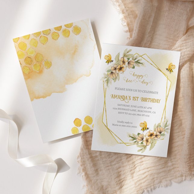 Happy Bee-day Watercolor Birthday Invitation (Creator Uploaded)