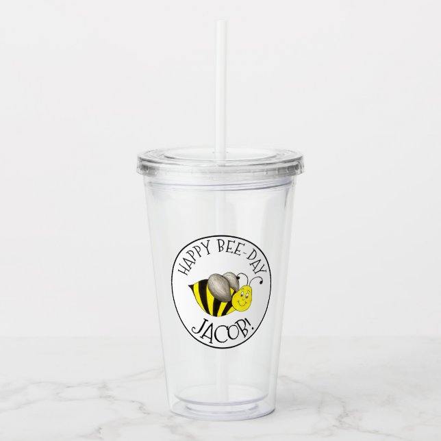 Happy Bee Day Yellow Bumblebee Birthday Favor Acrylic Tumbler (Front)