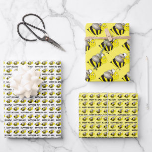 Happy Bee Day Yellow Bumblebee Birthday Party Wrapping Paper Sheets