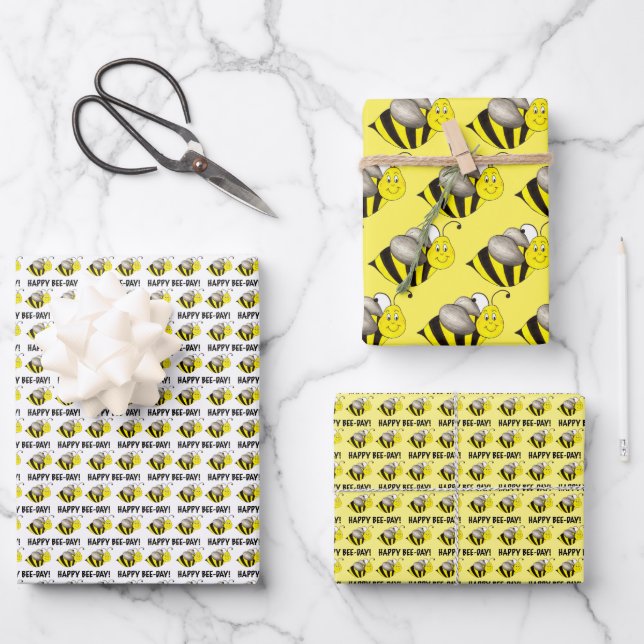 Happy Bee Day Yellow Bumblebee Birthday Party Wrapping Paper Sheets (Front)