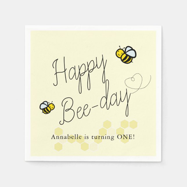 Happy Bee Day Yellow Girl Birthday Paper Napkins (Front)