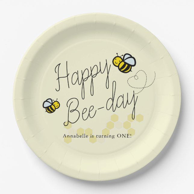 Happy Bee Day Yellow Girl Birthday Paper Plates (Front)