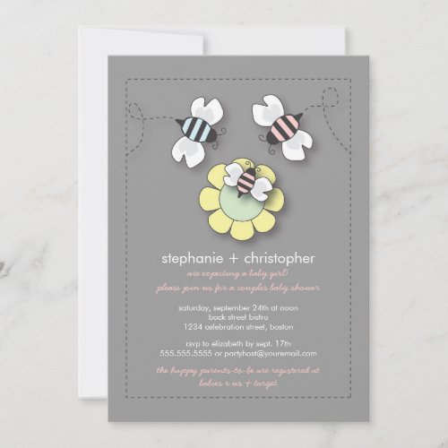 Happy Bee Family Couples Baby Shower for Girl Personalized Invitation