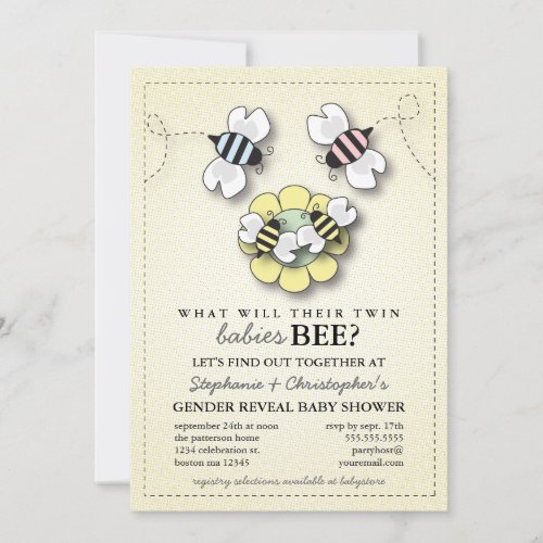 Happy Bee Family Twins Gender Reveal Baby Shower Invitation