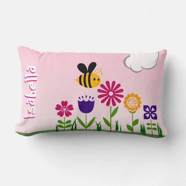 Happy Bee Flower Garden Personalized Lumbar Pillow (Front)