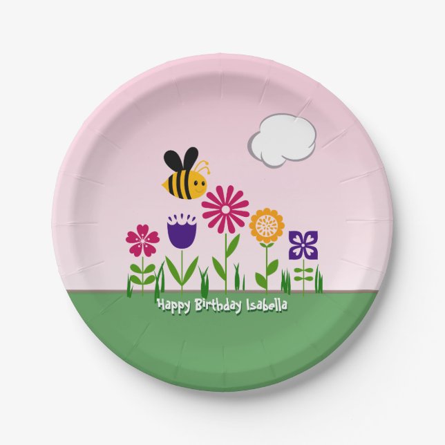 Happy Bee Flower Garden Personalized Paper Plates (Front)
