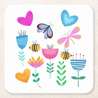 Happy Bee Garden Square Paper Coaster