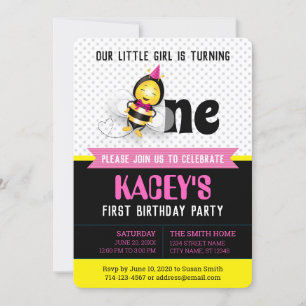 Happy Bee Girl 1st Birthday Invitation w/ picture