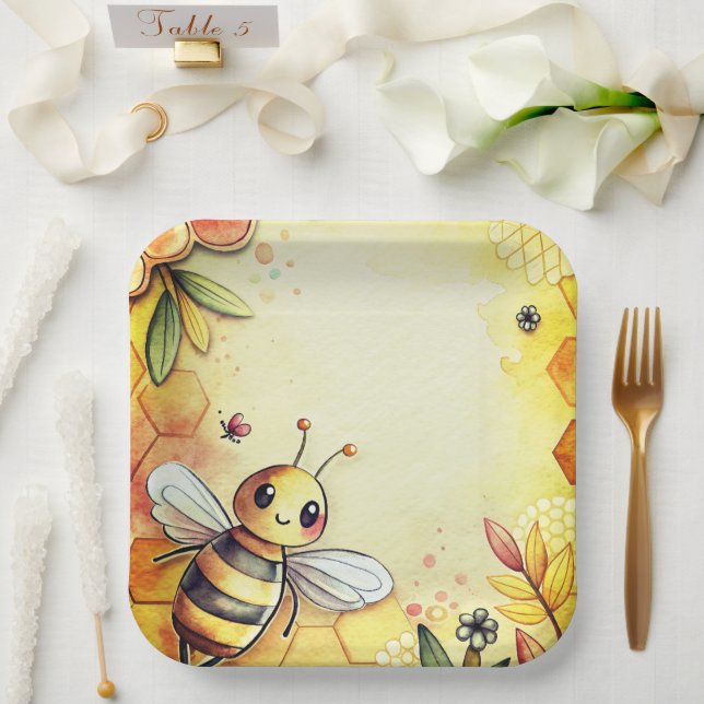 Happy Bee Honeycomb Bumblebee  Paper Plates (Wedding)