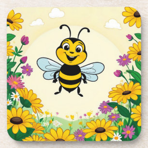 Happy Bee In Colorful  Flowers  Beverage Coaster