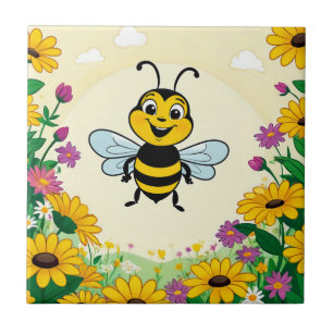 Happy Bee In Colorful Flowers Ceramic Tile
