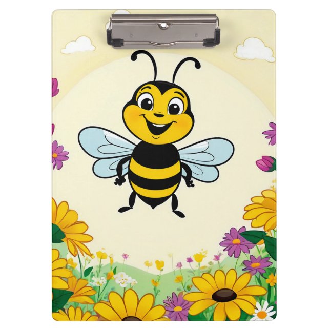 Happy Bee In Colorful  Flowers  Clipboard (Front)