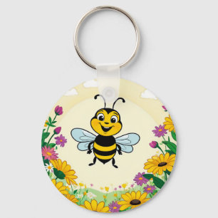 Happy Bee In Colorful Flowers Keychain