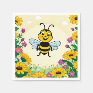 Happy Bee In Colorful Flowers Napkins