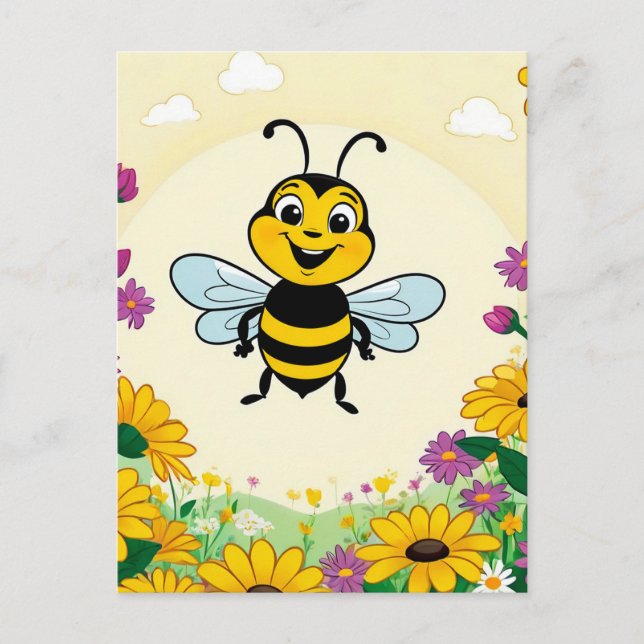 Happy Bee In Colorful  Flowers  Postcard (Front)