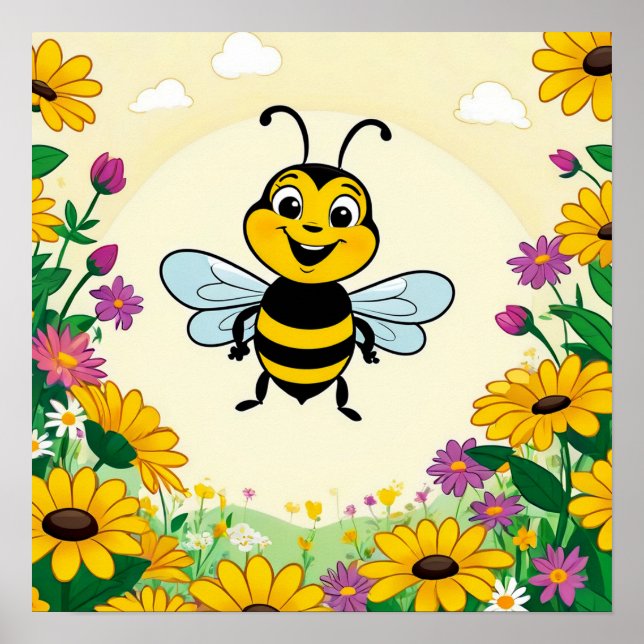 Happy Bee In Colorful  Flowers  Poster (Front)