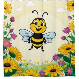 Happy Bee In Colorful Flowers Shower Curtain