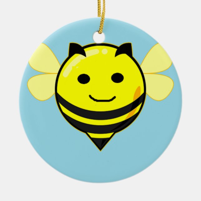 Happy bee on blue ceramic ornament (Front)