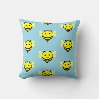 Happy bee on blue throw pillow