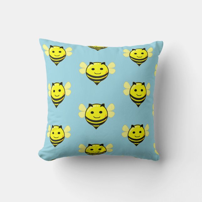 Happy bee on blue throw pillow (Front)