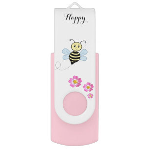 Happy bee, pink flowers & calligraphy flash drive