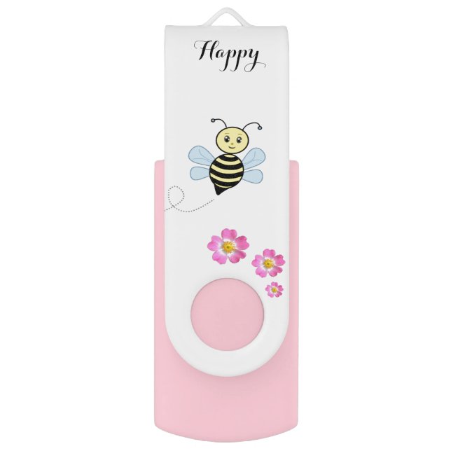 Happy bee, pink flowers & calligraphy flash drive (Front Vertical)