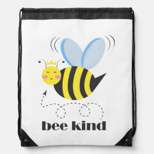 Happy bee princess with crown and slogan Bee Kind Drawstring Bag