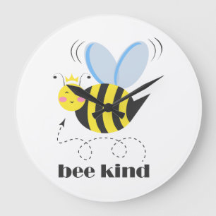 Happy bee princess with crown and slogan Bee Kind Large Clock