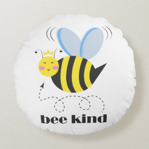 Happy bee princess with crown and slogan Bee Kind Round Pillow