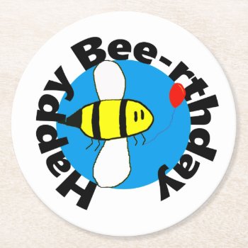 Happy Bee-rthday Cute Bee Birthday Round Paper Coaster by greatgear at Zazzle