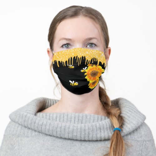 Happy bees glitter drips sunflowers floral black adult cloth face mask