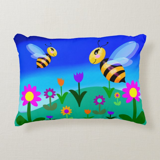 Happy bees in a flower field accent pillow (Front)